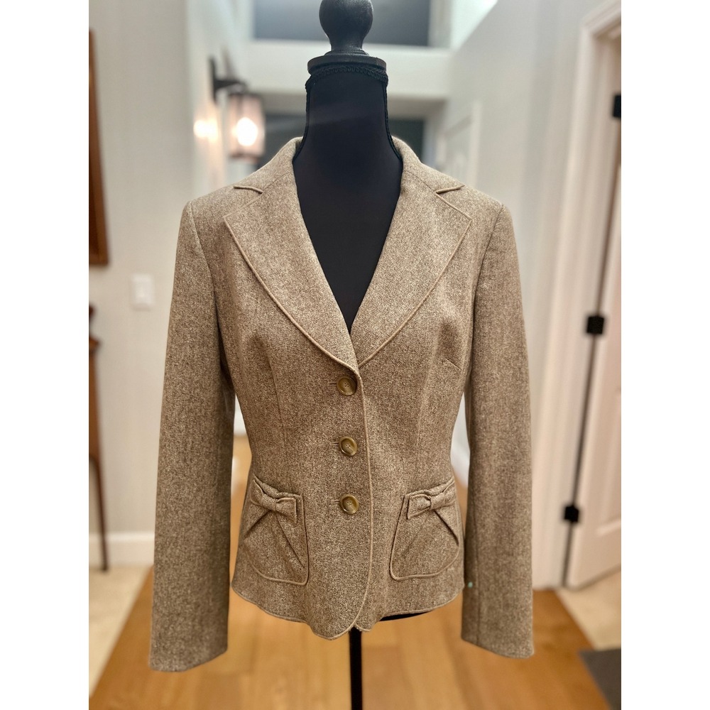 Ann Taylor Tweed Riding Blazer Bow Pockets Tan Brown Academia Jacket Medium